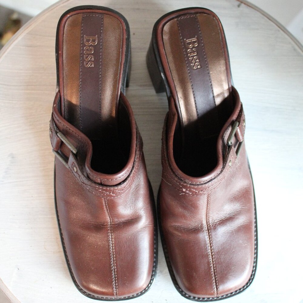 Bass Vintage Brown Leather Square Toe Block Heel Mules US7.5 - Picture 2 of 9